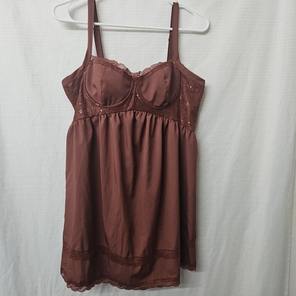 Womens Sz XL Babydoll Camisole Tank Top Brown Coquette  Y2k Style Lace